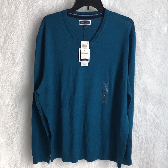 CLUB ROOM Majestic Teal Blue V-Neck Wool Blend - Picture 3 of 10